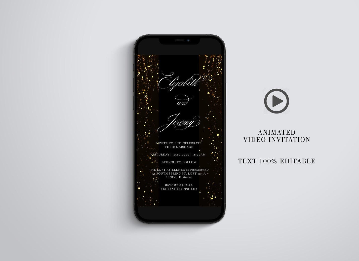 Animated Glitter Wedding Invitation, Video Wedding Invite, Gold Wedding Glitter Curtain - SAVVY PAPER CO