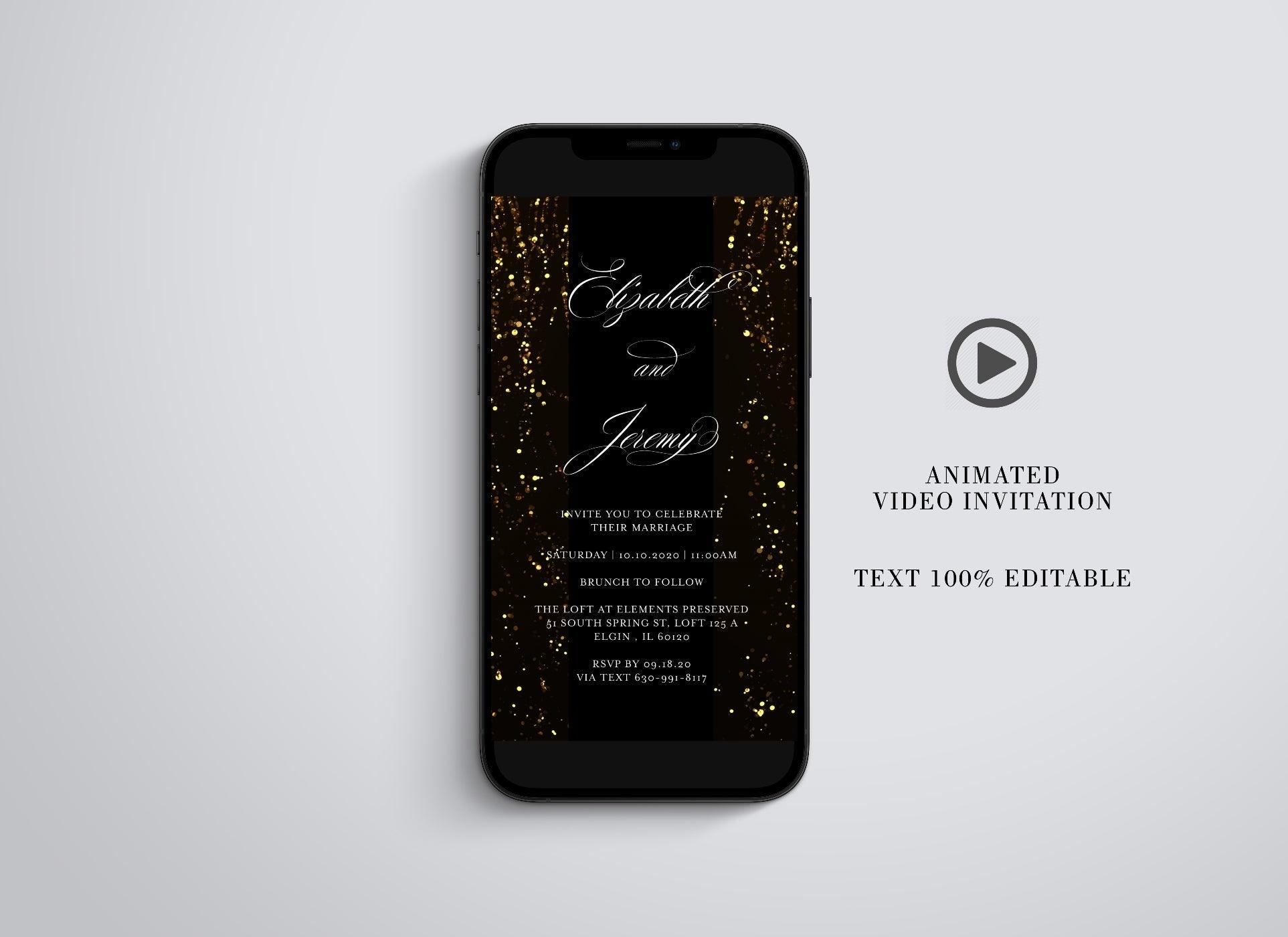 Animated Glitter Wedding Invitation, Video Wedding Invite, Gold Wedding Glitter Curtain - SAVVY PAPER CO