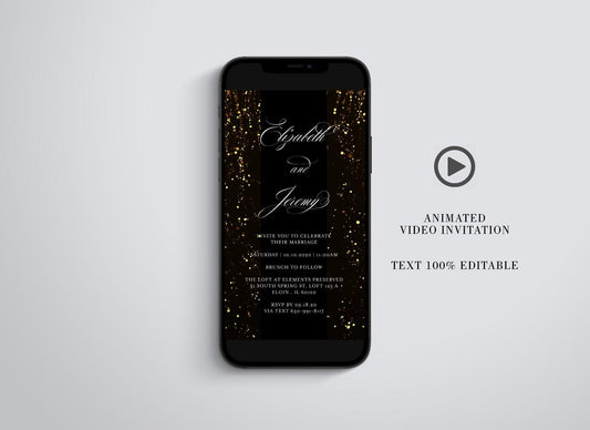 Animated Glitter Wedding Invitation, Video Wedding Invite, Gold Wedding Glitter Curtain - SAVVY PAPER CO