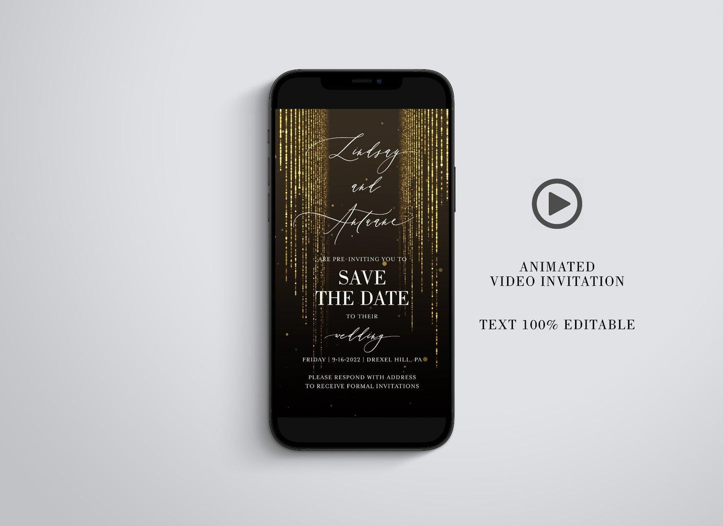 Animated Glitter Wedding Invitation, Video Wedding Invite, Gold Wedding Glitter Curtain - SAVVY PAPER CO