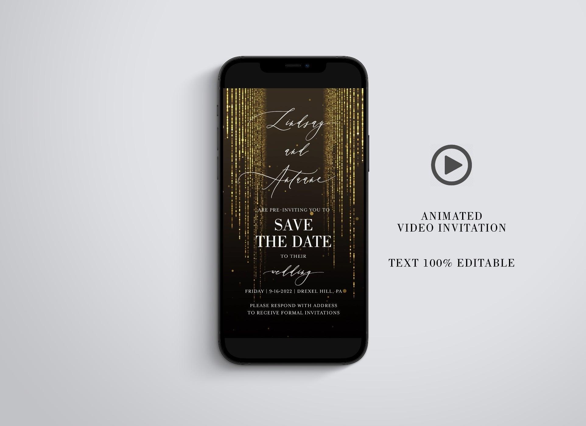 Animated Glitter Wedding Invitation, Video Wedding Invite, Gold Wedding Glitter Curtain - SAVVY PAPER CO