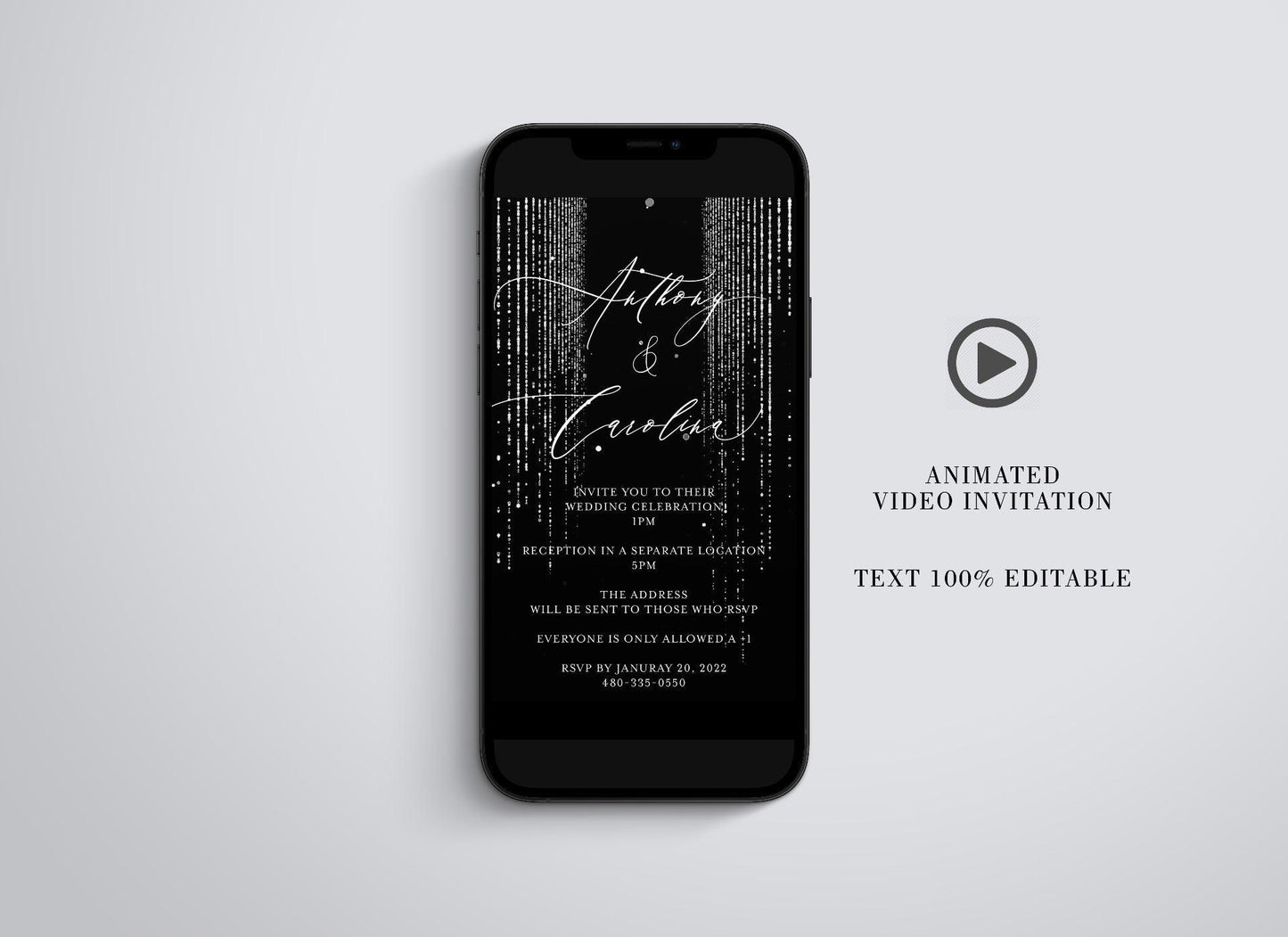 Animated Glitter Wedding Invitation, Video Wedding Invite, Silver Wedding Glitter Curtain - SAVVY PAPER CO