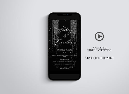 Animated Glitter Wedding Invitation, Video Wedding Invite, Silver Wedding Glitter Curtain - SAVVY PAPER CO