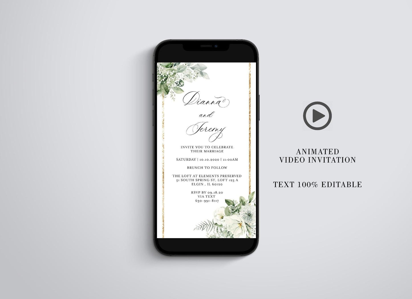 Animated Gold Wedding Invitation, Video Wedding Invite, Greenery Floral Wedding - SAVVY PAPER CO