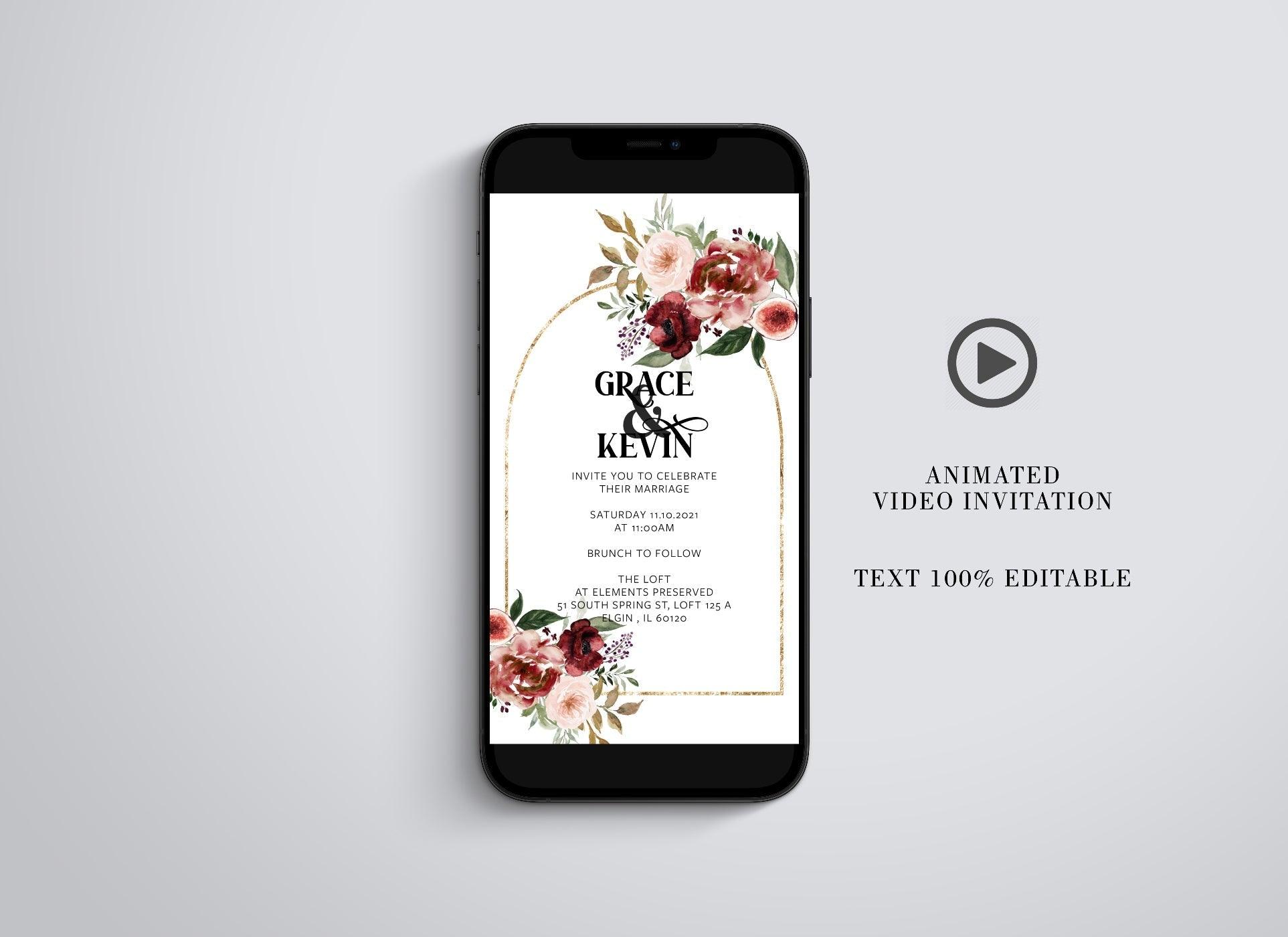 Animated Modern Wedding Invitation, Floral Video Wedding Invite, Gold Wedding - SAVVY PAPER CO