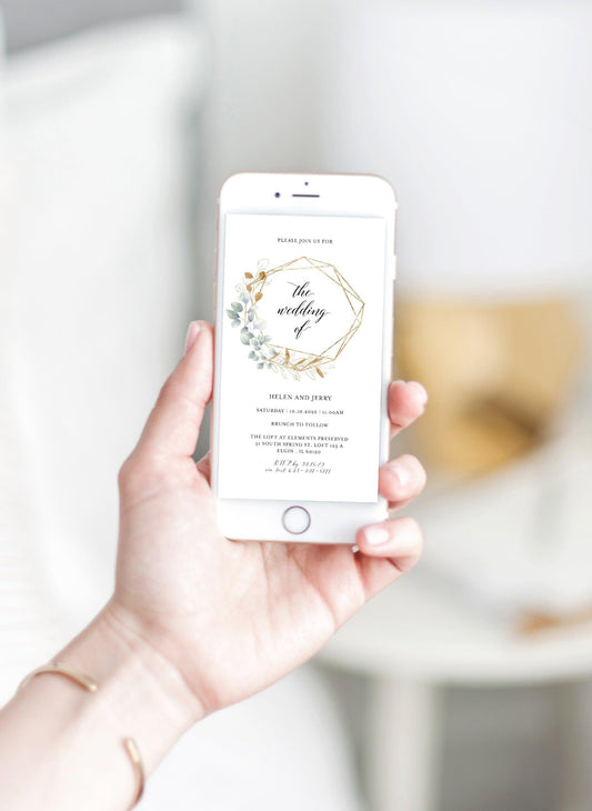 Animated Wedding Invitation, Greenery Wedding Invitation, Geometric Video Wedding Invite, Mp4 Invites, Gold Wedding - SAVVY PAPER CO