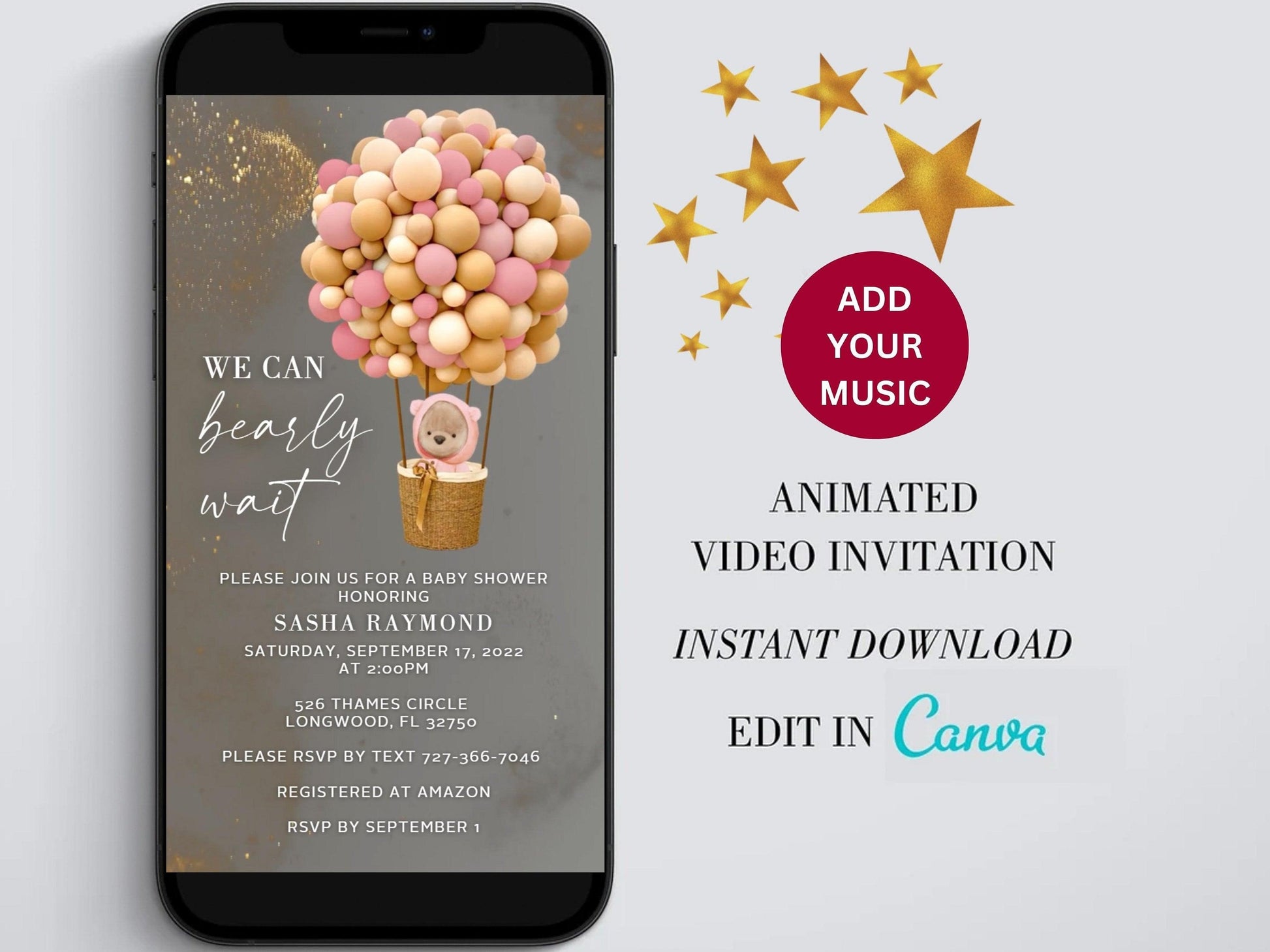 Baby Shower Electronic Invite Bear Balloons Video Glitter Animated, Baby Shower Digital Invite, baby shower e-vite, Edit in Canva - SAVVY PAPER CO