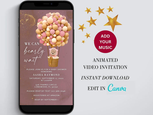 Baby Shower Electronic Invite Bear Balloons Video Glitter Animated, Baby Shower Digital Invite, baby shower e-vite, Edit in Canva - SAVVY PAPER CO