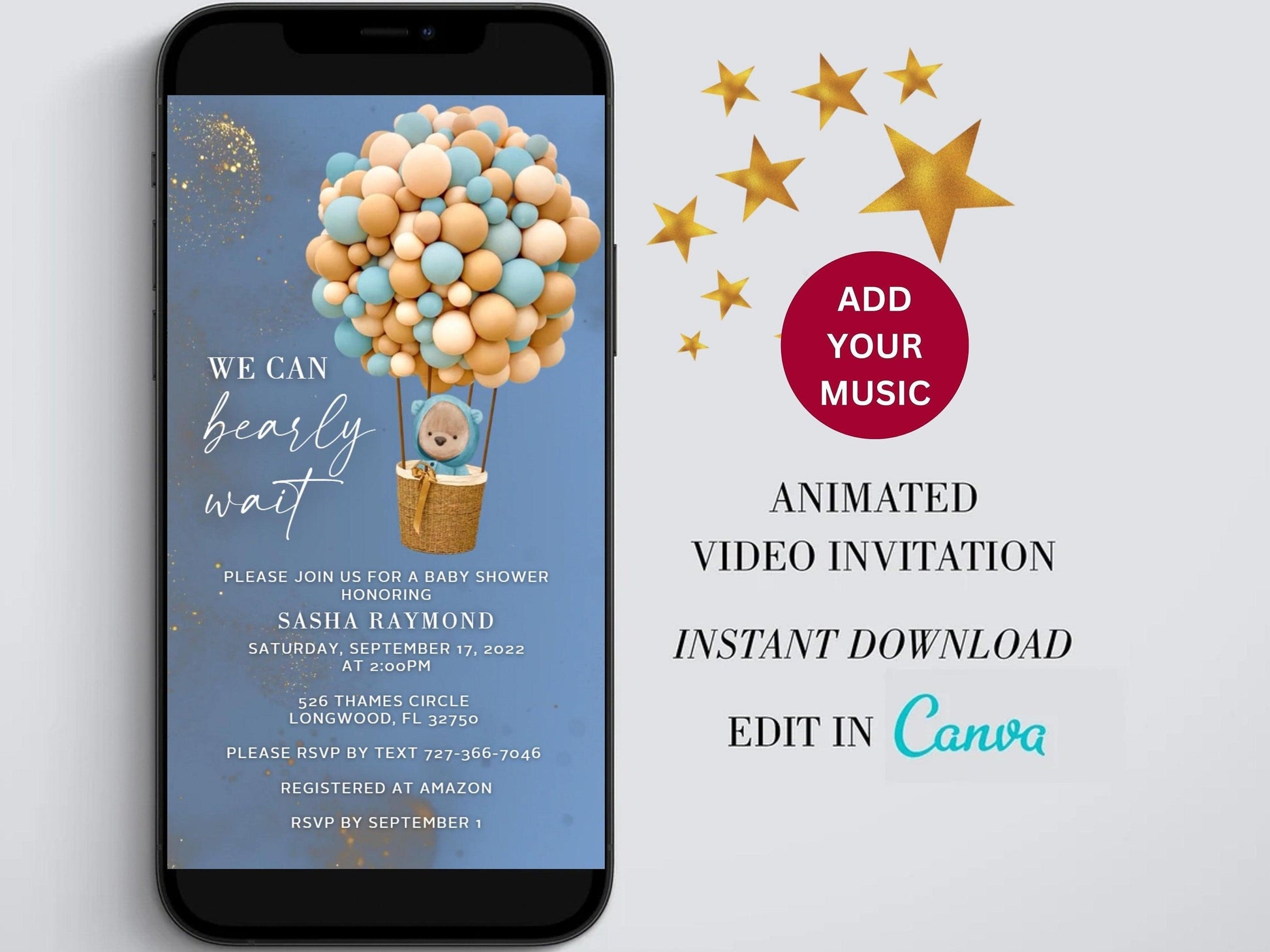 Baby Shower Electronic Invite Bear Balloons Video Glitter Animated, Baby Shower Digital Invite, baby shower e-vite boy, Edit in Canva - SAVVY PAPER CO