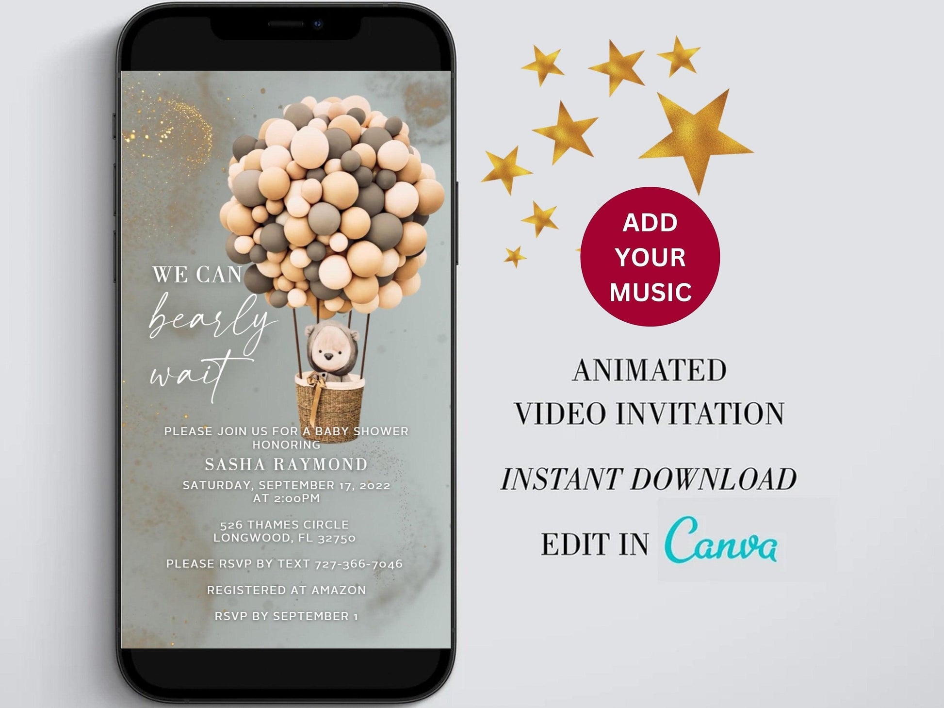 Baby Shower Electronic Invite Bear Balloons Video Glitter Animated, Baby Shower Digital Invite, baby shower e-vite neutral, Edit in Canva - SAVVY PAPER CO