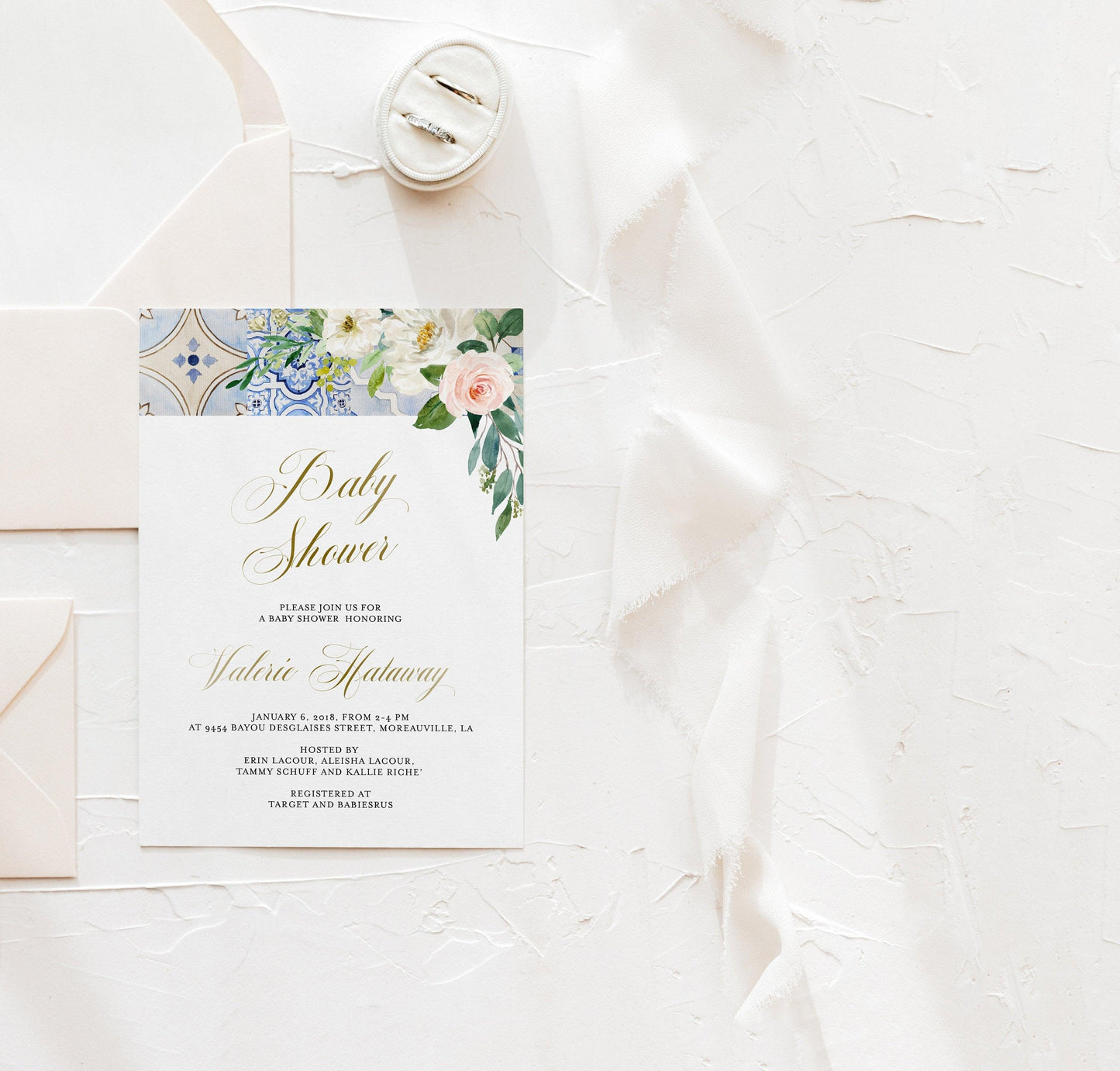 Baby Shower Invitation Template, Watercolor Baby Girl, Printable Italian Theme Baby Shower Invite, Editable Santorini Greek - JUDY - SAVVY PAPER CO