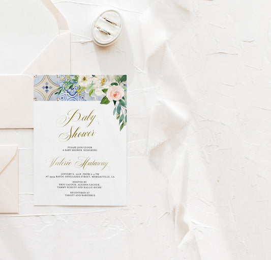 Baby Shower Invitation Template, Watercolor Baby Girl, Printable Italian Theme Baby Shower Invite, Editable Santorini Greek - JUDY - SAVVY PAPER CO