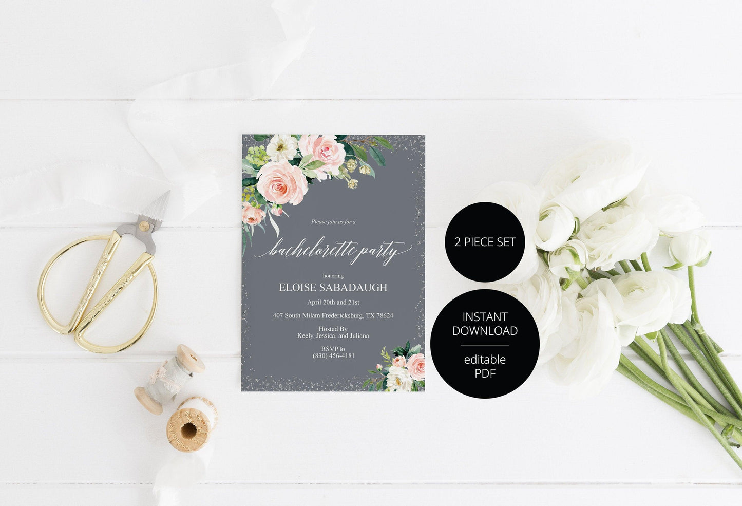 Bachelorette Party Invite, DIY Editable Instant Download Bachelorette Invites, Blush Floral Invitation Template- Eloise - SAVVY PAPER CO