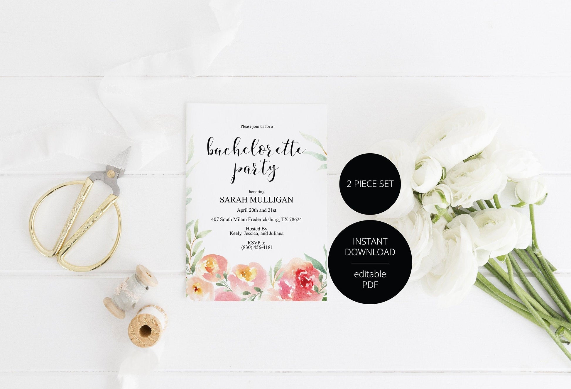 Bachelorette Party Invite, DIY Editable Instant Download Bachelorette Invites, Blush Floral Invitation Template - Sarah - SAVVY PAPER CO