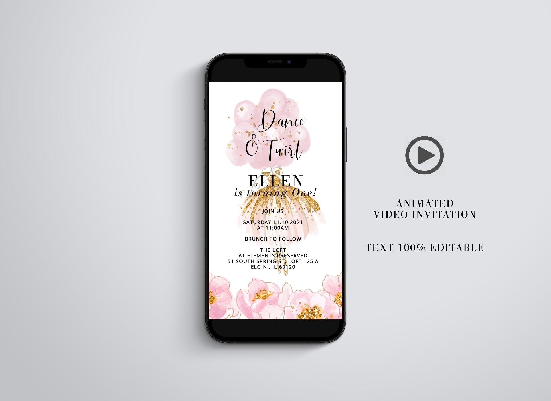 Ballerina First Birthday Video Evite, Electronic Save The Date, Birthday Video Invitation, Animated Invitation Balloons - SAVVY PAPER CO