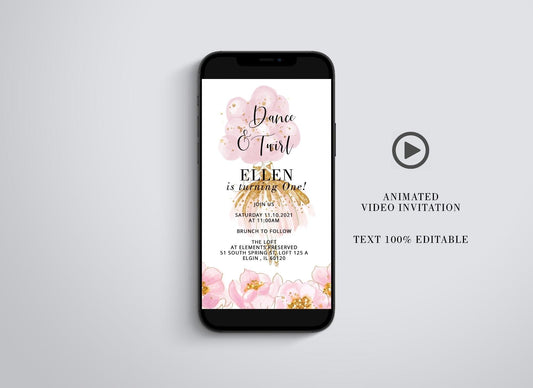 Ballerina First Birthday Video Evite, Electronic Save The Date, Birthday Video Invitation, Animated Invitation Balloons - SAVVY PAPER CO