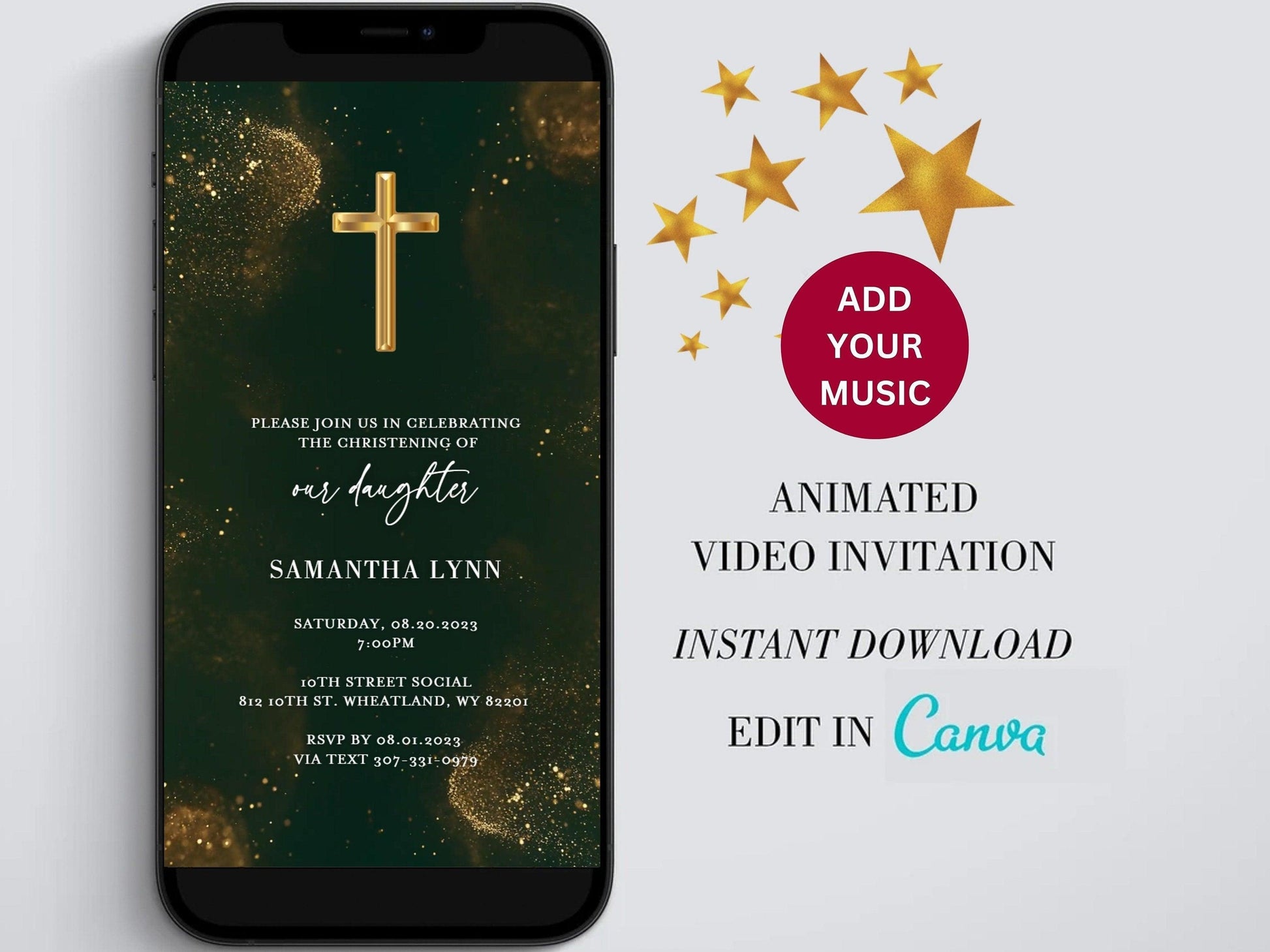 Baptism Invitation template gold cross Glitter Baptism Invites Digital Christening Invite Gold cross baptism Canva Electronic card - SAVVY PAPER CO