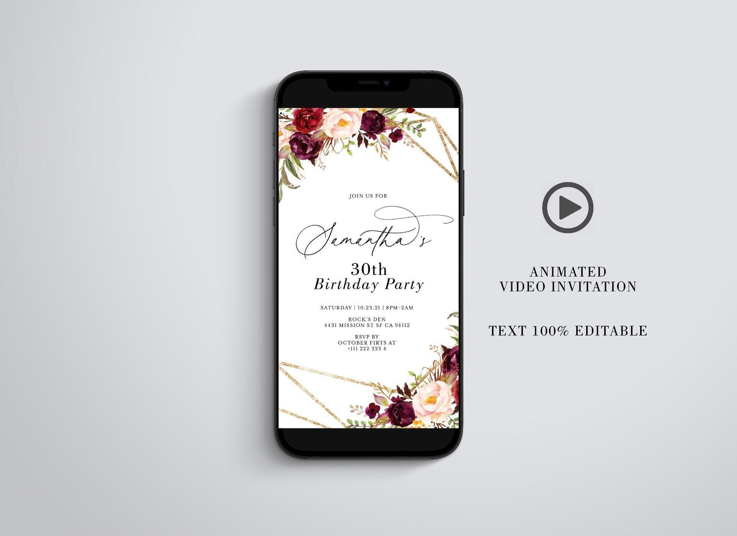 Birthday Video Evite, Electronic Birthday Invite, Birthday Video Invitation, Animated Invitation, Burgundy Flowers - SAVVY PAPER CO