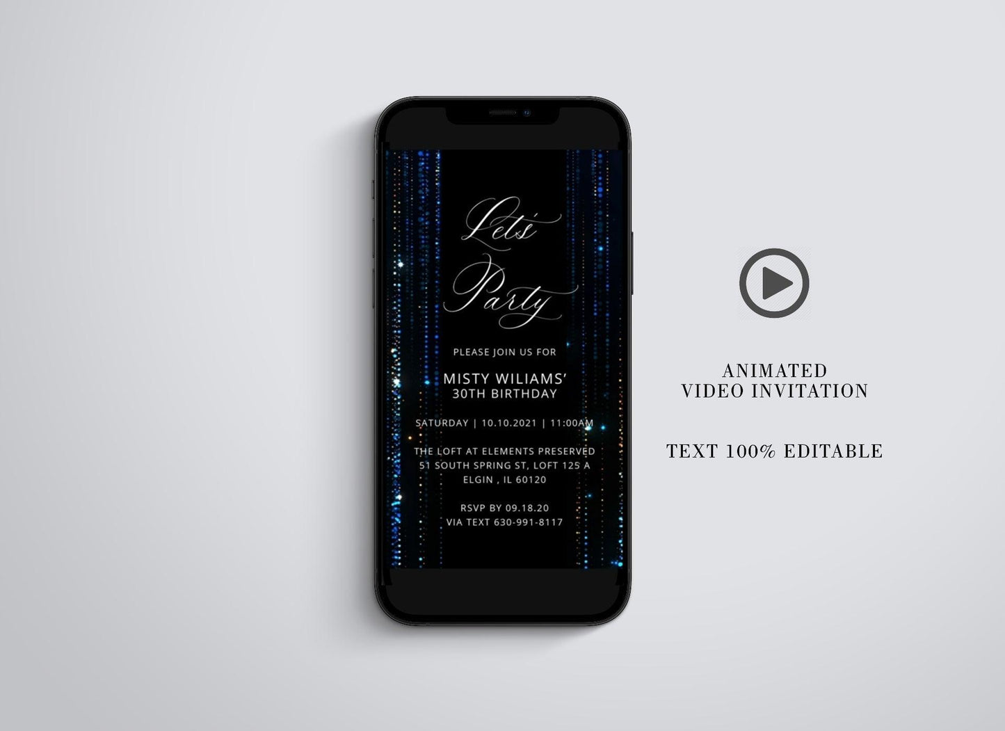 Birthday Video Evite, Electronic Birthday, Video Invitation, Animated Invitation, Instant Download, Glitter Rain, Navy Blue - SAVVY PAPER CO