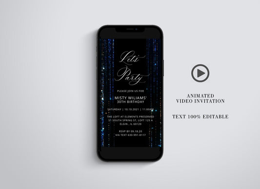 Birthday Video Evite, Electronic Birthday, Video Invitation, Animated Invitation, Instant Download, Glitter Rain, Navy Blue - SAVVY PAPER CO