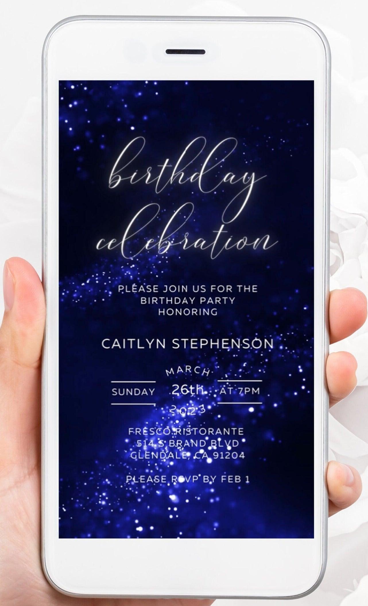 Blue Birthday Celebration Video Invitation, Adult bday Invite, Instant Download, Electronic Birthday Party Glitter Invitation, Any Age - SAVVY PAPER CO