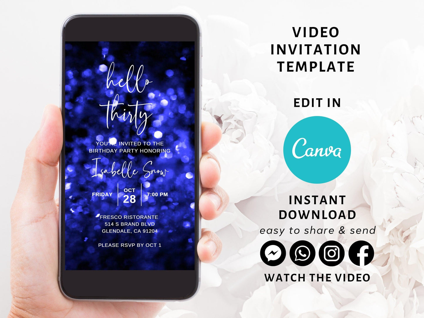 Blue Glitter Hello Thirty Birthday Video Invitation, Editable Invite Template Electronic 30th Birthday Invite Digital Evite Instant Download - SAVVY PAPER CO