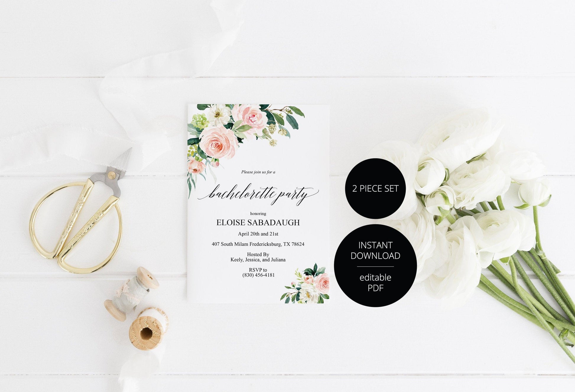 Blush Floral Bachelorette Party Invite, DIY Editable Instant Download Bachelorette Invites, Invitation Template - Eloise - SAVVY PAPER CO