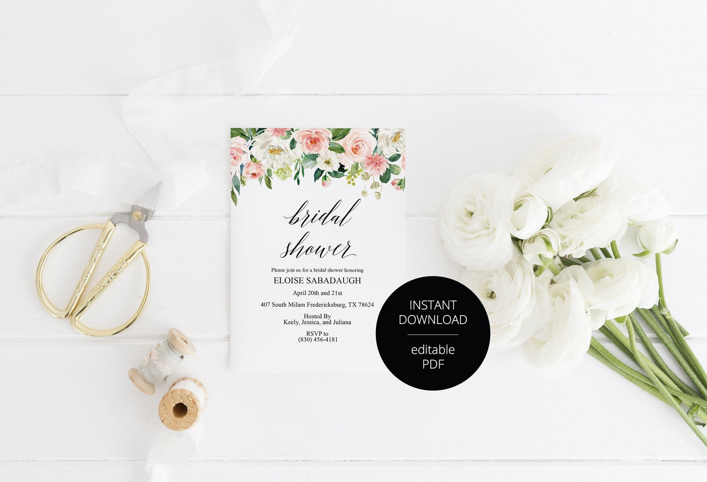 Blush Floral Bridal Shower Invitation Instant Download Printable Editable Template DIY Bridal Shower Invite - Eloise - SAVVY PAPER CO