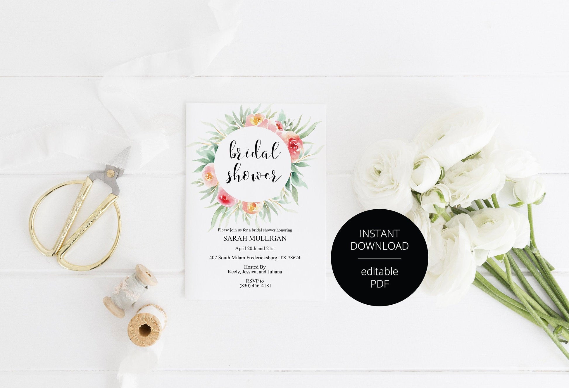 Blush Floral Bridal Shower Invitation Instant Download Printable Editable Template DIY Bridal Shower Invite - Sarah - SAVVY PAPER CO
