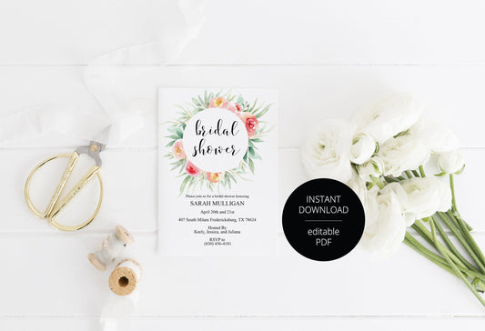 Blush Floral Bridal Shower Invitation Instant Download Printable Editable Template DIY Bridal Shower Invite - Sarah - SAVVY PAPER CO