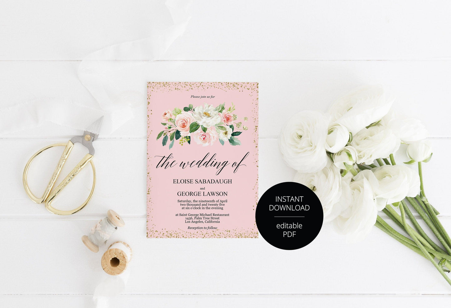 Blush Floral Wedding Invitation Editable Template, Printable DIY Instant Download Invites, Digital Download Invitations-Eloise - SAVVY PAPER CO