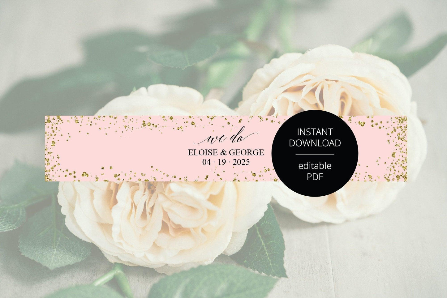 Blush Gold Wedding Invitation Suite Belly Band Template, Printable Pink Glitter Wedding Invites Band, 2x11", DIY PDF Instant Download-Eloise - SAVVY PAPER CO