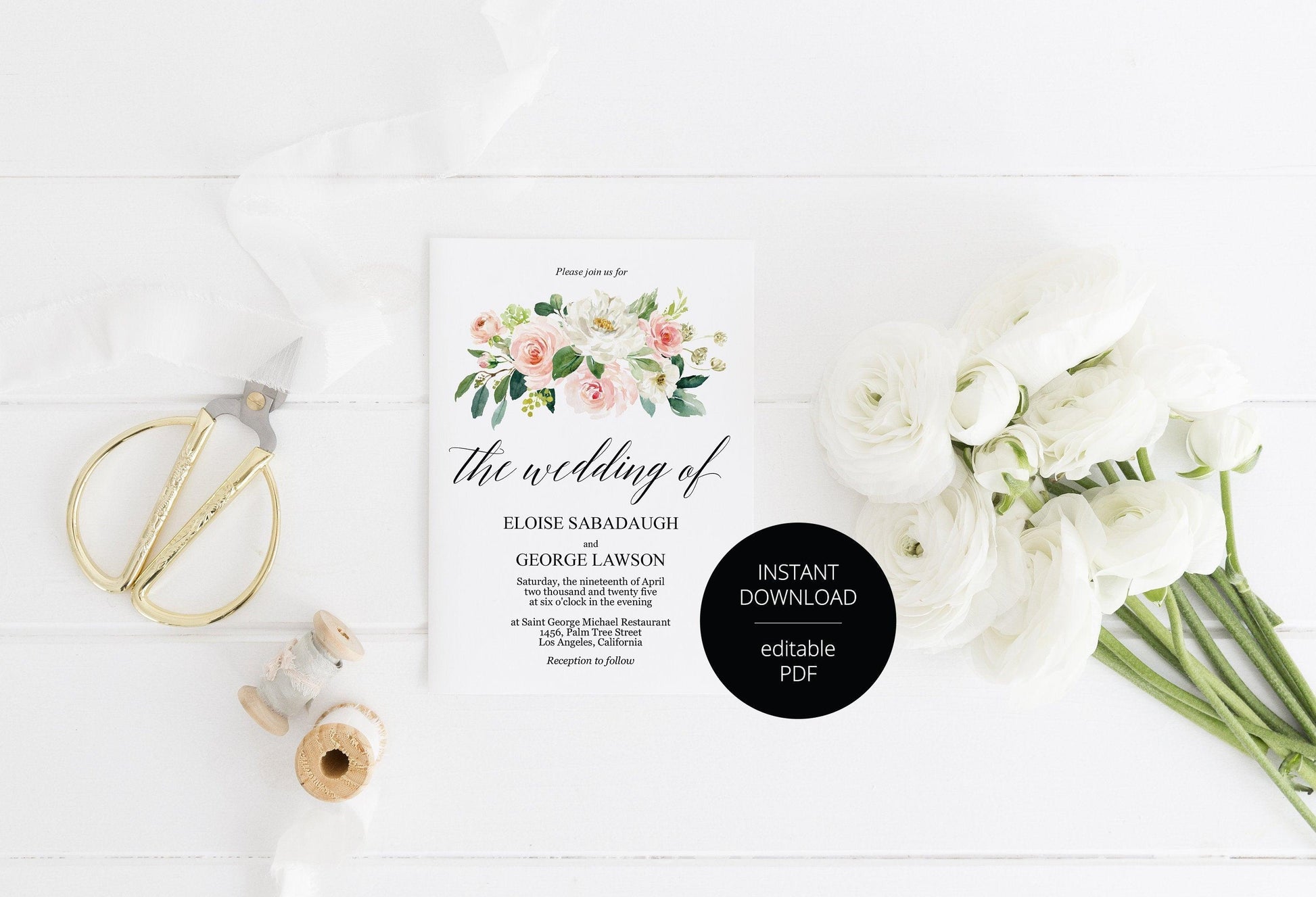 Blush Greenery Floral Wedding Invitation Editable Template, Printable DIY Instant Download Invites, Digital Download Invitations-Eloise - SAVVY PAPER CO