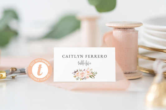 Blush Place Card Template, Templett, Escort Cards, Printable Place Card, Floral Watercolor, Place Cards, Editable Wedding - KATHERINE - SAVVY PAPER CO