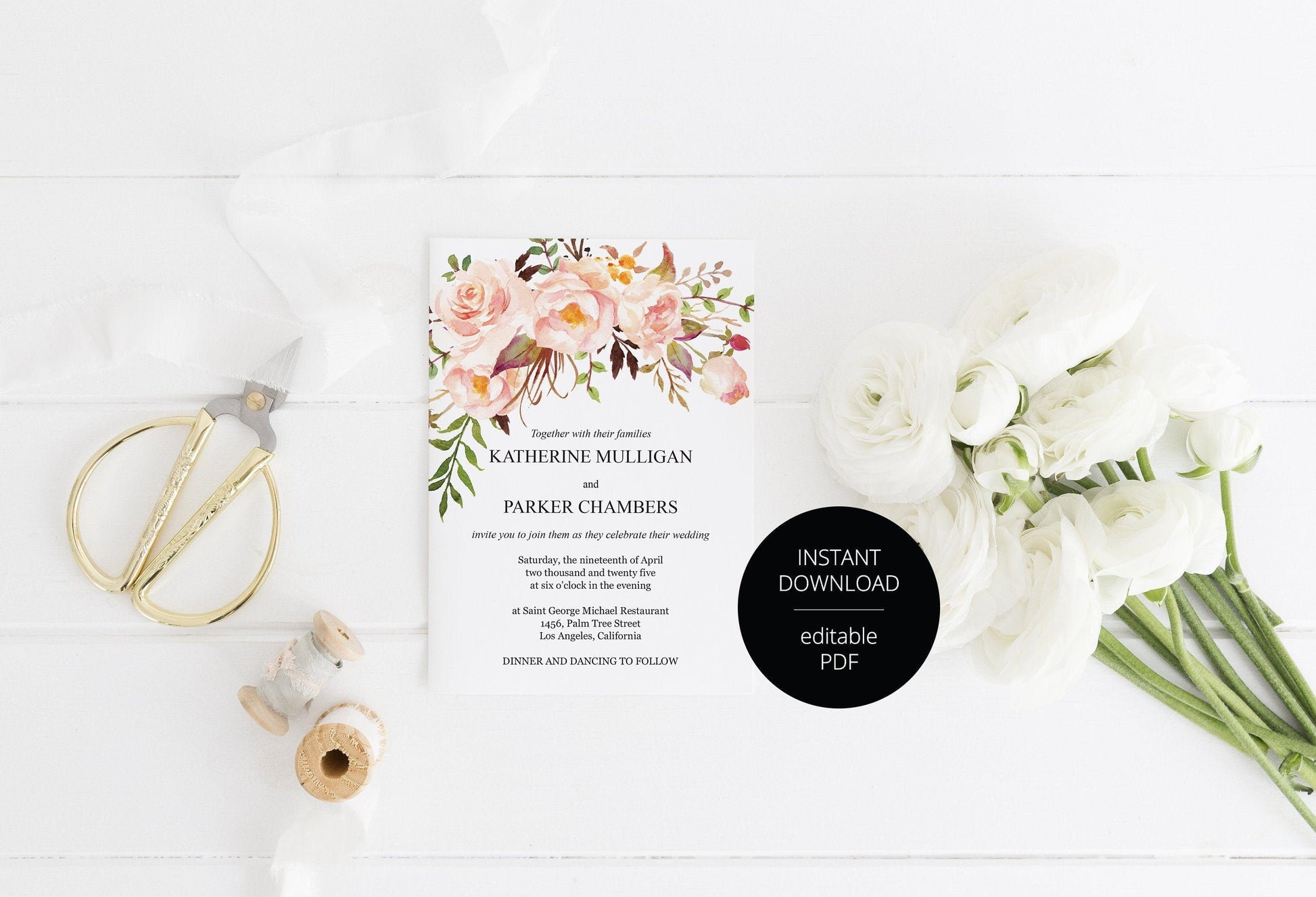 Blush Wedding Invitation Editable Template, Printable DIY Instant Download Invites, Digital Download Invitations- Katherine - SAVVY PAPER CO