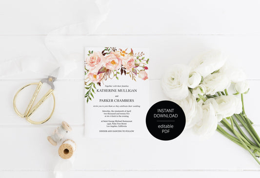 Blush Wedding Invitation Editable Template, Printable DIY Instant Download Invites, Digital Download Invitations- Katherine - SAVVY PAPER CO