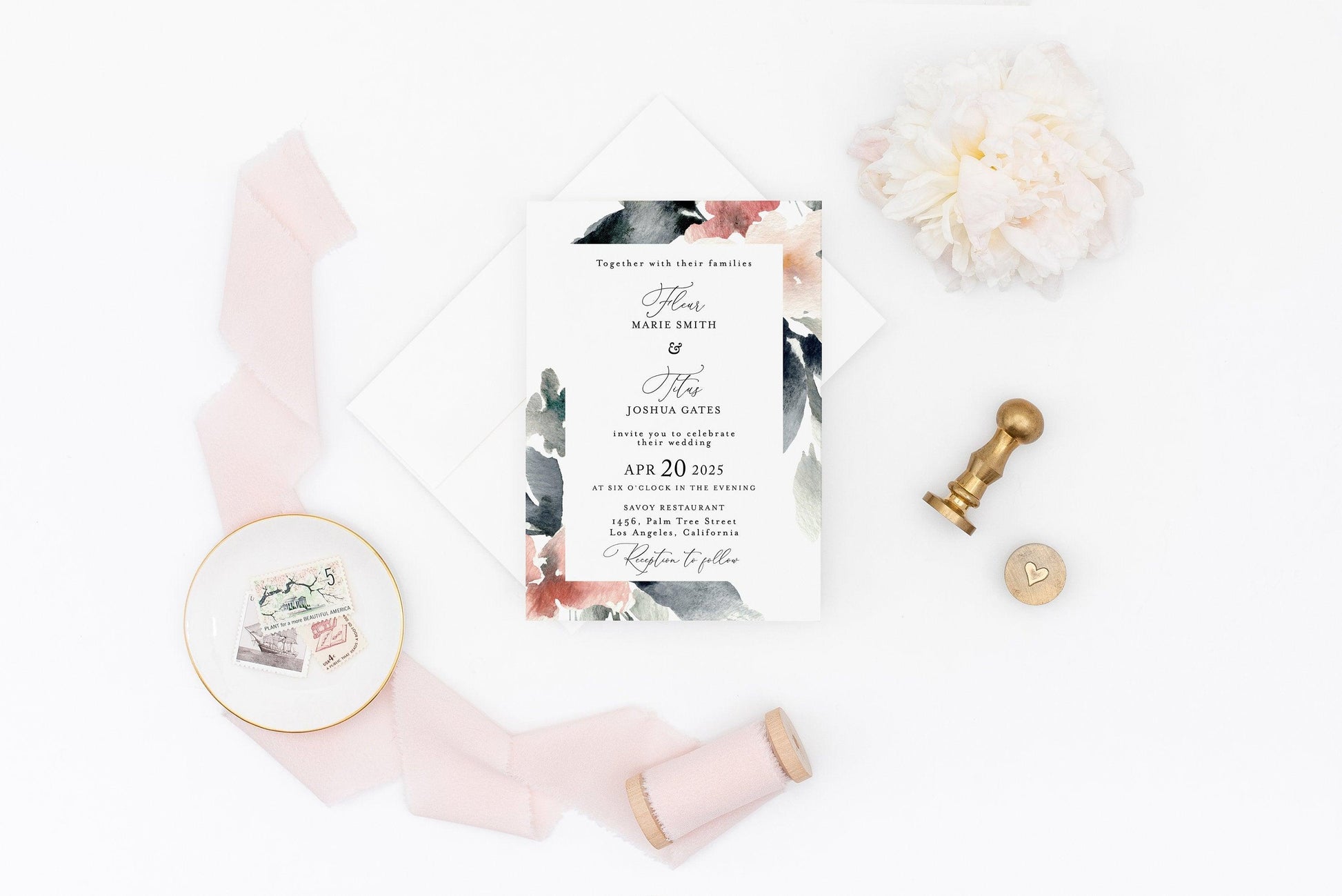 Blush Wedding Invitation Template, Floral Watercolor, Instant Download, Templett, Printable Wedding, Editable -Fleur - SAVVY PAPER CO