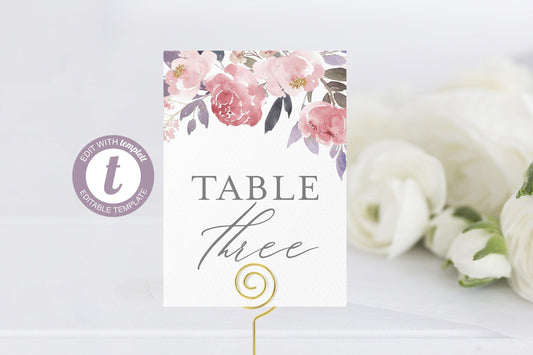 Blush Wedding Table Number, Floral Watercolor, Printable, Numbers Printable, Instant Download, Templett, Table Number Cards -Sheilla - SAVVY PAPER CO