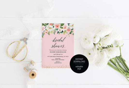 Bridal Shower Invitation Instant Download Printable Editable Template DIY Bridal Shower Invite Blush Floral - Eloise - SAVVY PAPER CO