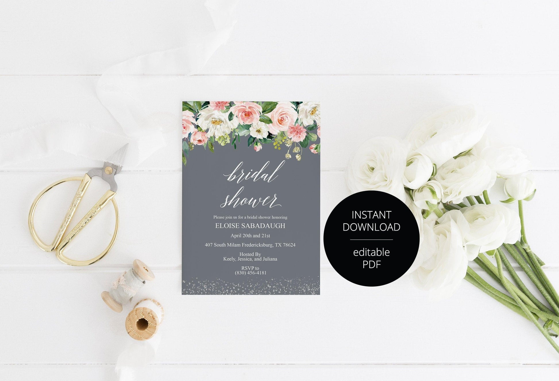 Bridal Shower Invitation Instant Download Printable Editable Template DIY Bridal Shower Invite Blush Floral Gray - Eloise - SAVVY PAPER CO