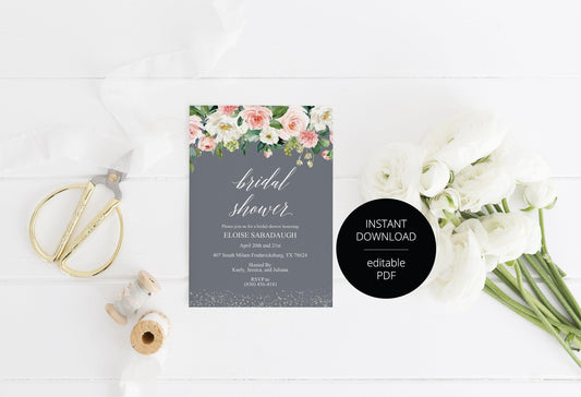 Bridal Shower Invitation Instant Download Printable Editable Template DIY Bridal Shower Invite Blush Floral Gray - Eloise - SAVVY PAPER CO