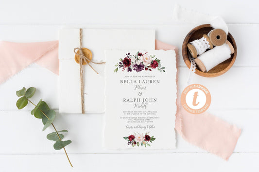 Burgundy Blush Wedding Invitation Template, Floral Watercolor, Instant Download, Templett, Printable Wedding, Editable, Nature Wedding-Bella - SAVVY PAPER CO