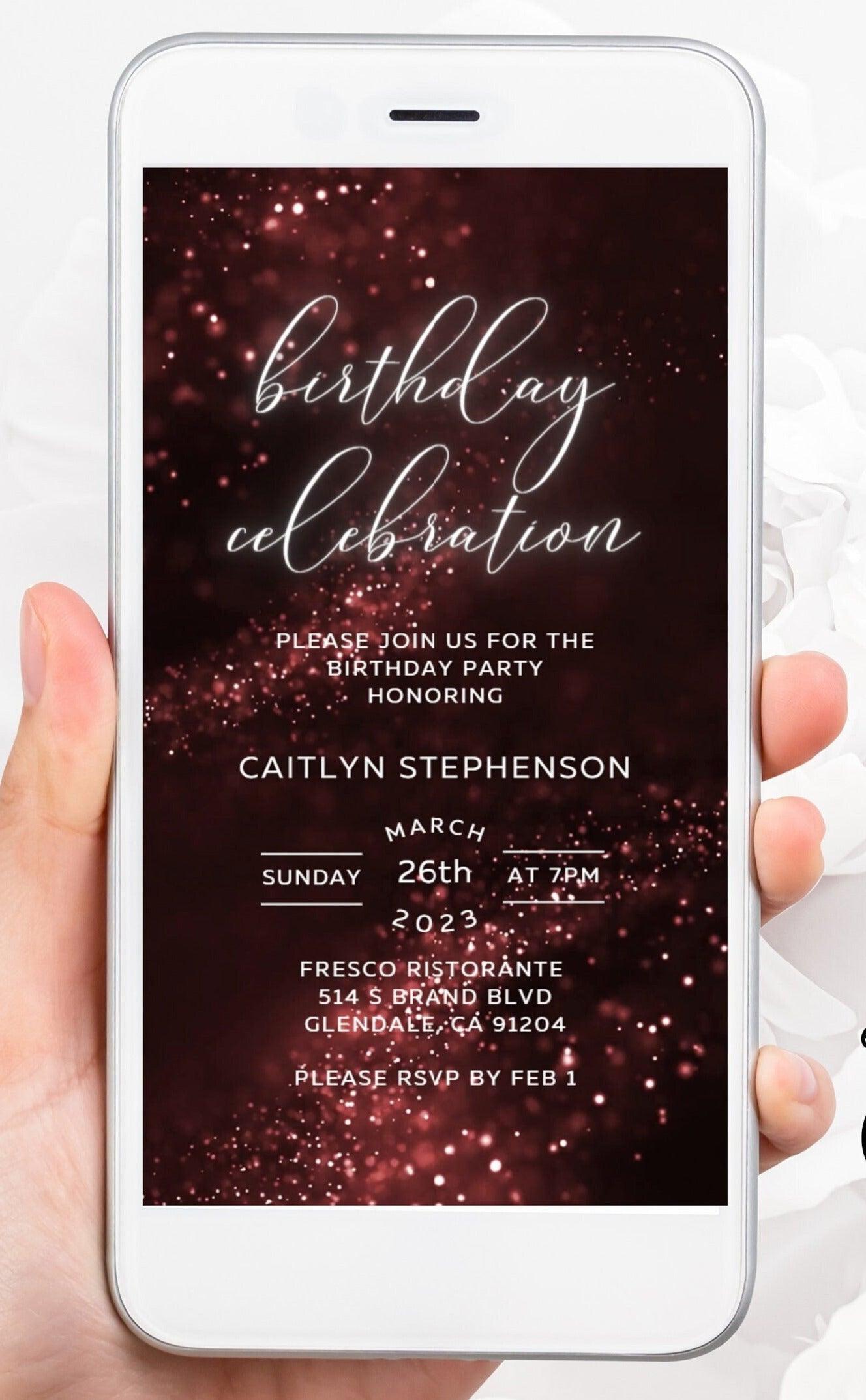 Burgundy Digital Birthday Invitation template for women electronic invitations any age edit in Canva evite send online instant download - SAVVY PAPER CO