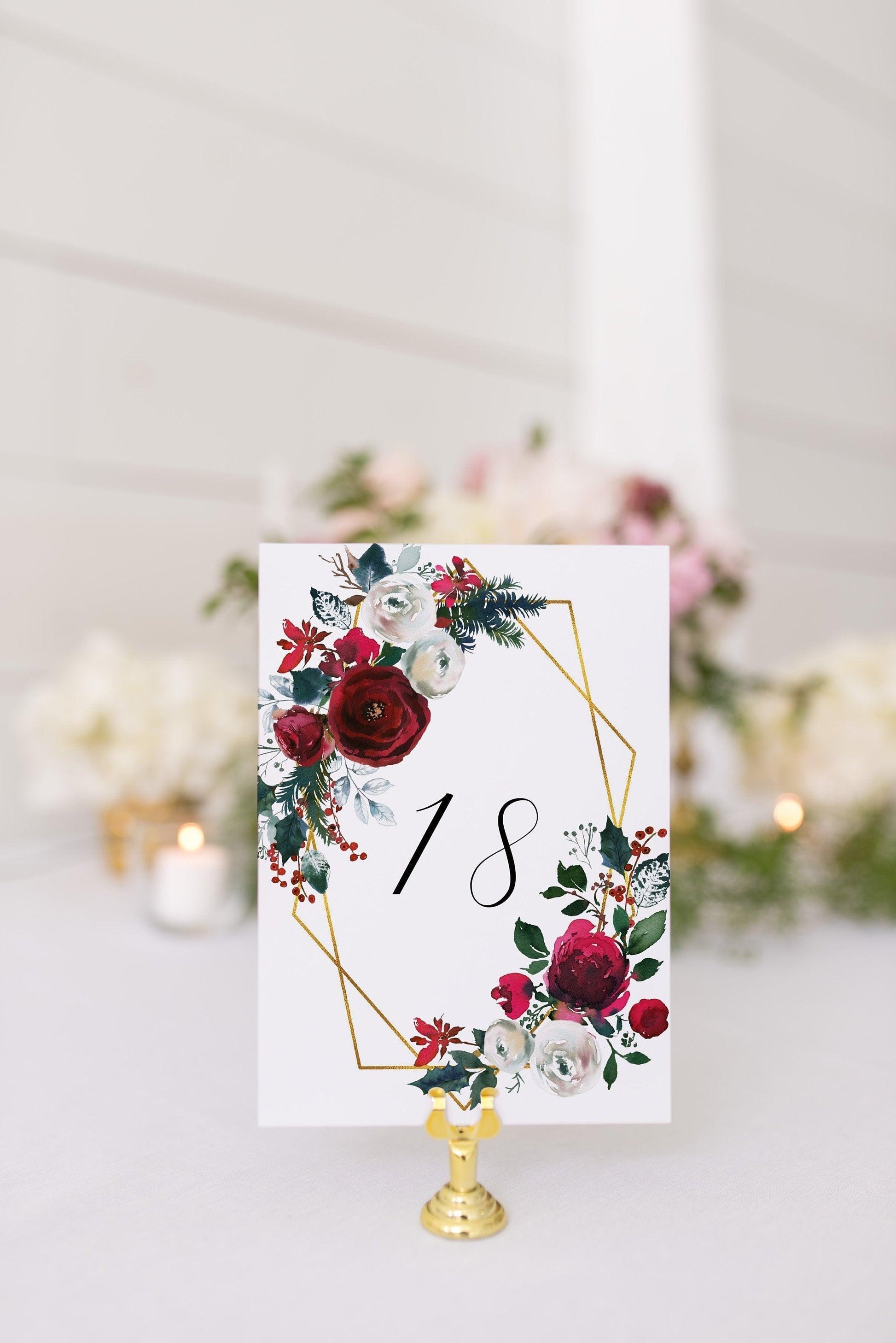 Burgundy Table Numbers Printable Christmas Wedding Winter Instant Download DIY Geometric -ADA - SAVVY PAPER CO