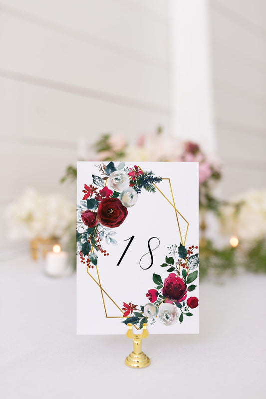 Burgundy Table Numbers Printable Christmas Wedding Winter Instant Download DIY Geometric -ADA - SAVVY PAPER CO