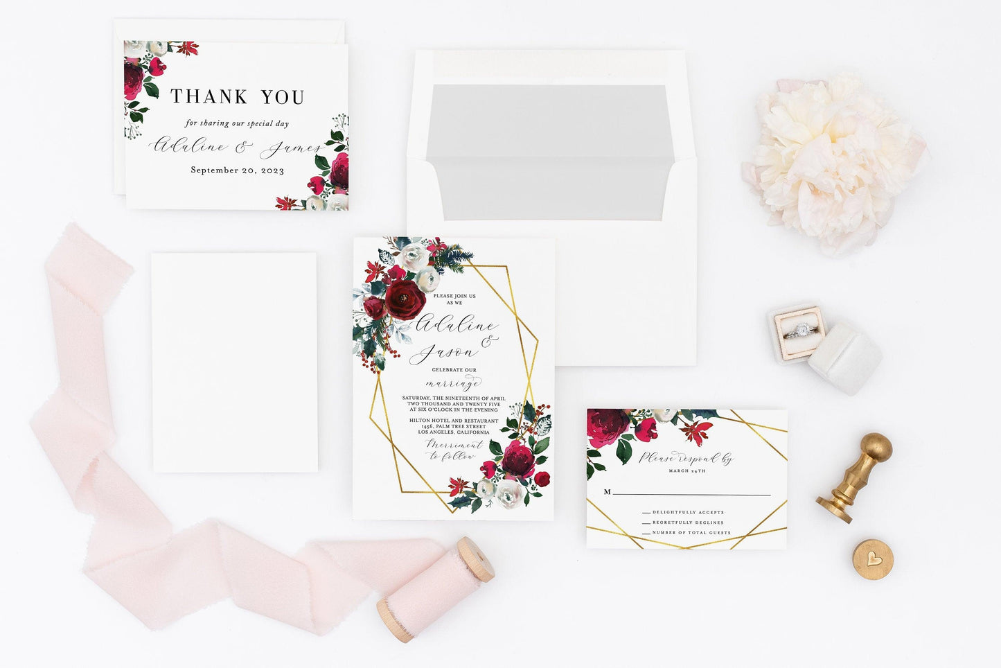 Burgundy Wedding Christmas Invitation Set Printable DIY Instant Download Geometric Wedding Invites- Ada - SAVVY PAPER CO