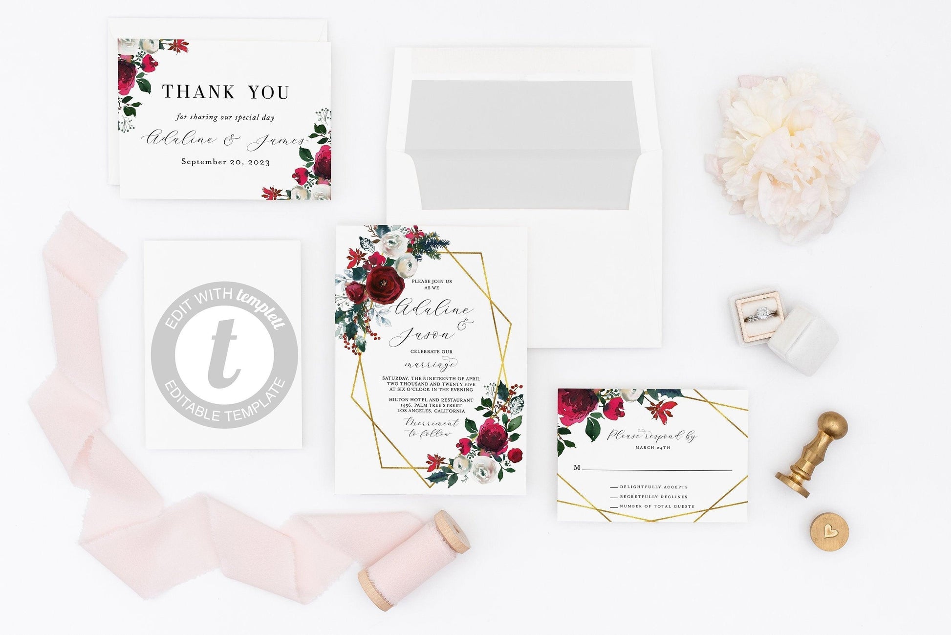 Burgundy Wedding Christmas Invitation Set Printable DIY Instant Download Geometric Wedding Invites- Ada - SAVVY PAPER CO