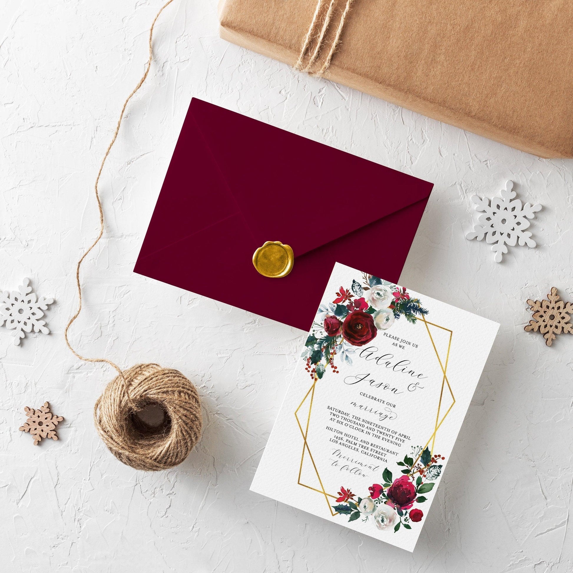 Burgundy Wedding Christmas Invitation Set Printable DIY Instant Download Geometric Wedding Invites- Ada - SAVVY PAPER CO