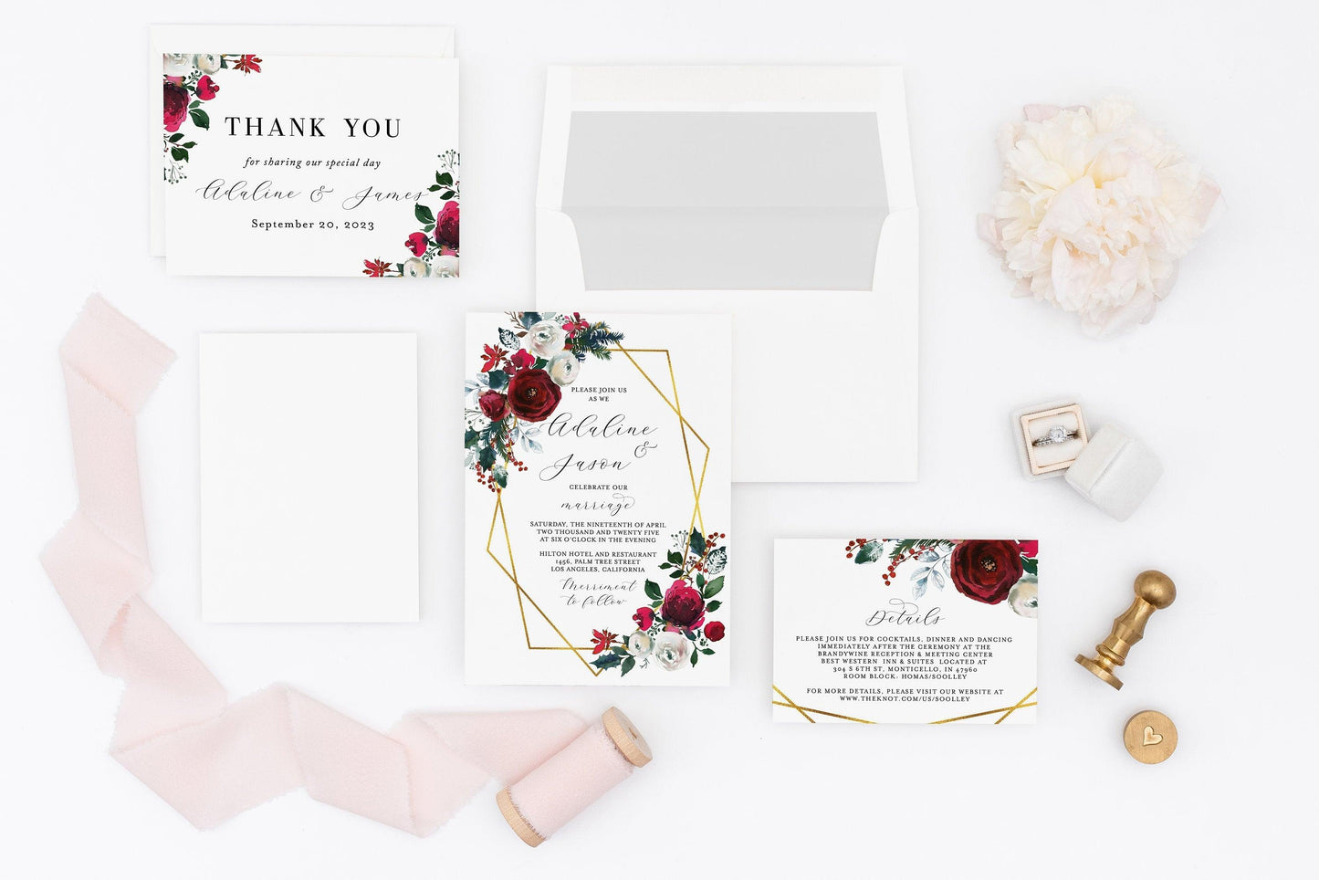 Burgundy Wedding Christmas Invitation Set Printable DIY Instant Download Geometric Wedding Invites- Ada - SAVVY PAPER CO