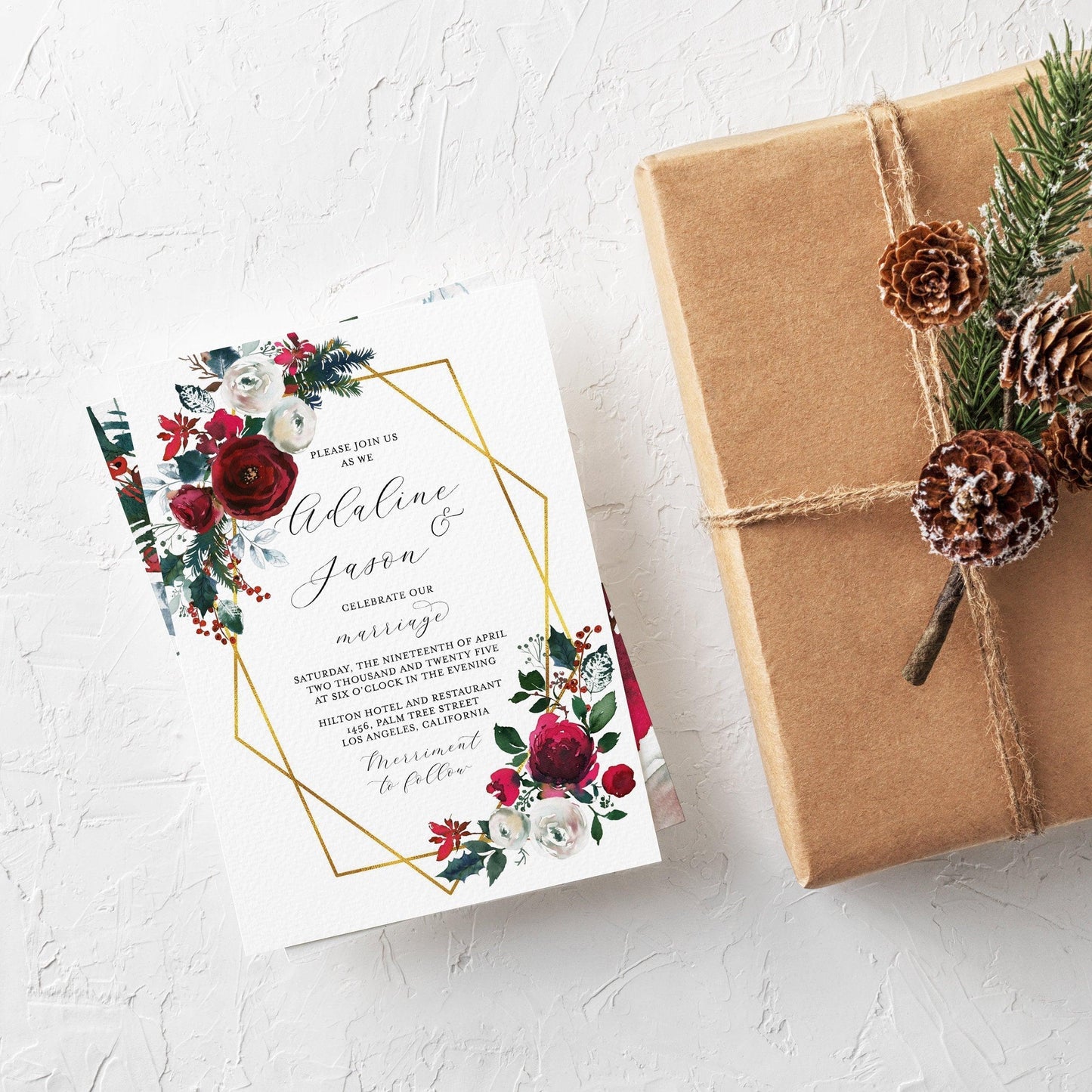 Burgundy Wedding Christmas Invitation Template Printable DIY Instant Download Editable Wedding Invites Geometric - Ada - SAVVY PAPER CO